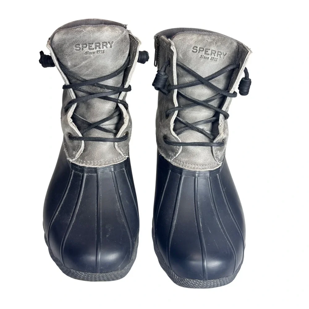 Sperry Saltwater Duck Boots‎ Gray Black Leather Rubber Rain Winter Womens 9.5